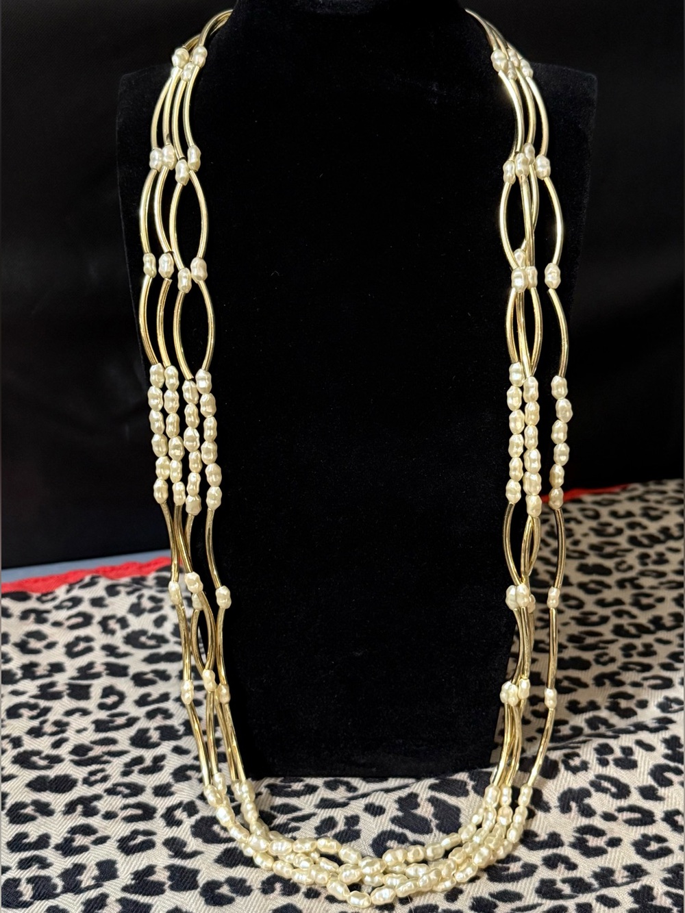Anthropologie Layered Wire Pearl Necklace Gold 31” NWOT